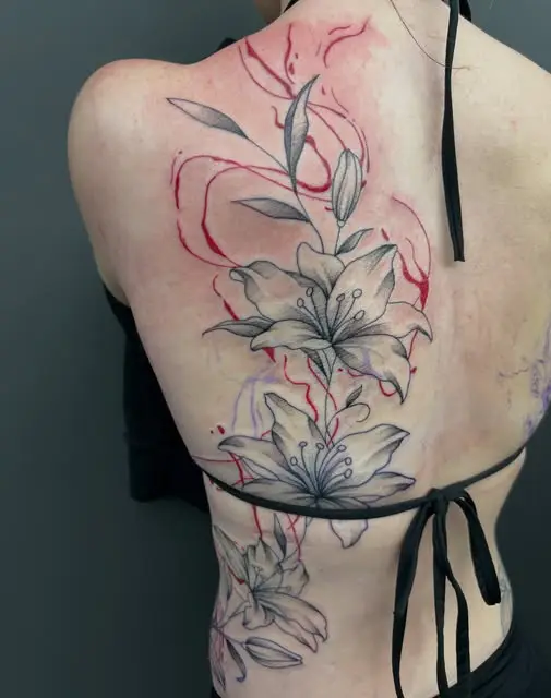 Fine line lilies running down a spine, drawn in soft grey with loose red linework flowing through them