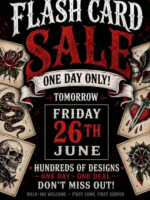 Poster for a one day only flash card sale at Southside Tattoo