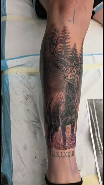 Black and grey stag in a forest with Roman numerals on a forearm