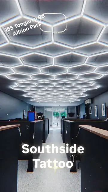 The new studio floor at 155 Tongarra Rd under a hexagonal light ceiling